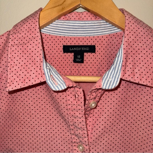 Lands End Women’s Long Sleeve Button Up Shirt Pink with Black Dots Petite 12P - Picture 3 of 7